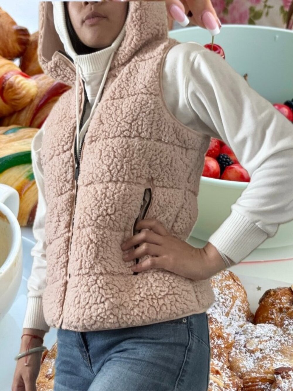 Calvin Klein Dusty Pink Plush Teddy Fleece Zip Up Puffer Hooded Vest